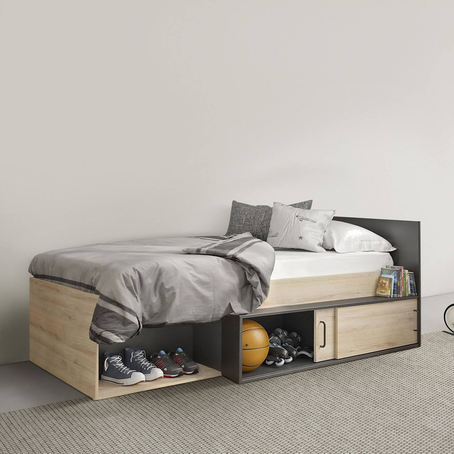 BED - Spaanplaat met opberglade - Kronberg Eiken/Zwart - 90x200 cm