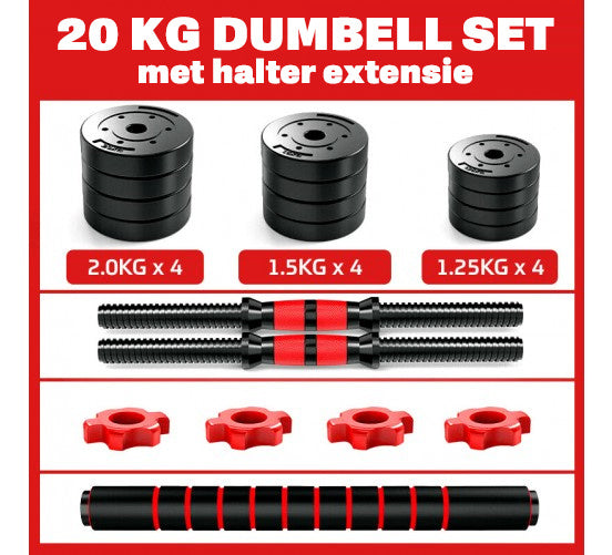 Barbell/Dumbbell Set - 20 kg - Composiet - Zwart/Rood