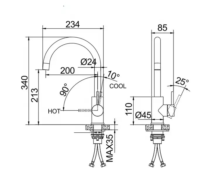 KEUKENKRAAN - 304 roestvrij staal - 35mm keramische cartridge - zilver