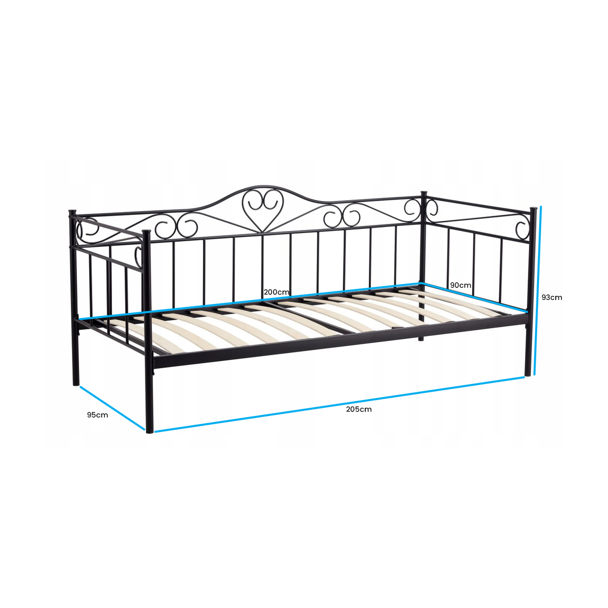 BEDFRAME - Metalen frame met hartdecoratie - Zwart - 90x200 cm