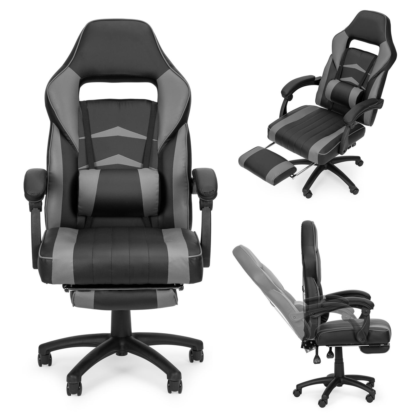 GAMINGSTOEL - Ergonomisch met intrekbare voetsteun en lendenkussen - zwart/grijs