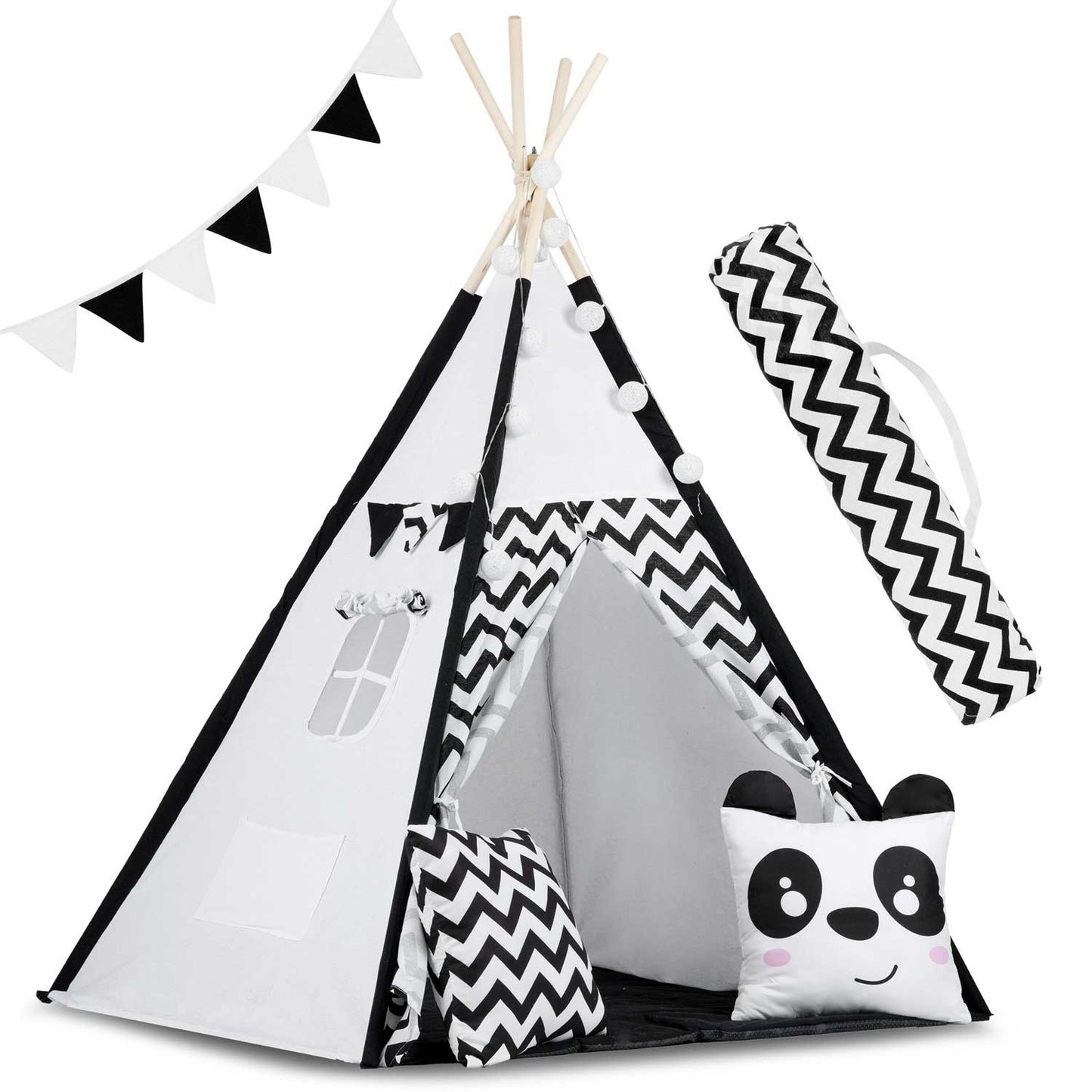 TIPI TENT - Natuurlijk Katoen met Kussens en Lampen - Wit/Zwart