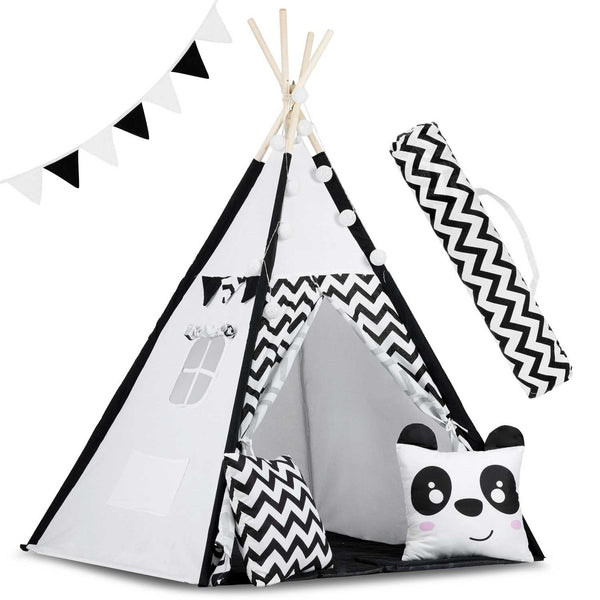 TIPI TENT - Natuurlijk Katoen met Kussens en Lampen - Wit/Zwart