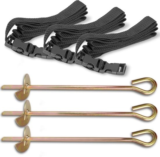 TRAMPOLINE ANKER-SET - 3 verzinkte ankers 30 cm - 3 nylon riemen 2 m