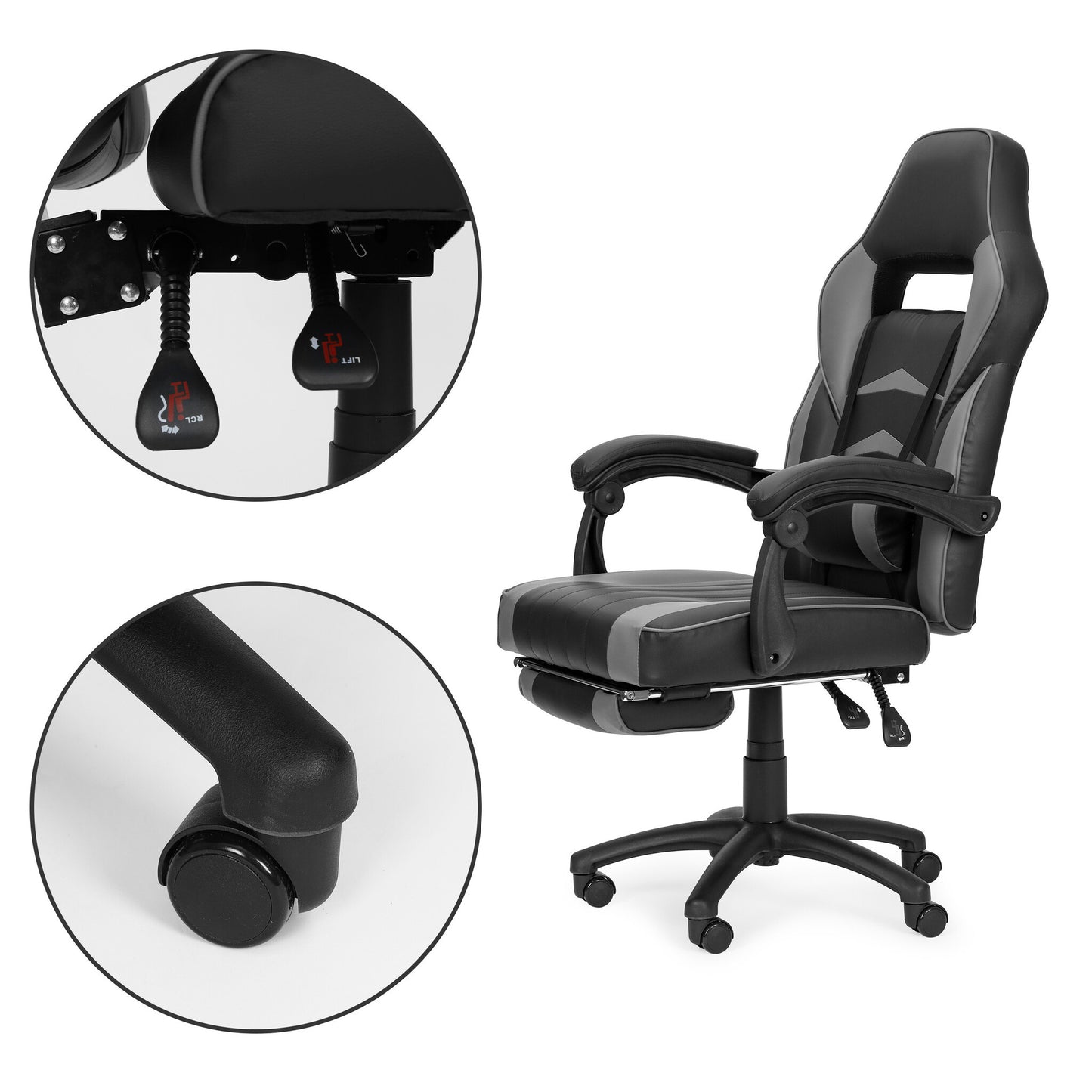 GAMINGSTOEL - Ergonomisch met intrekbare voetsteun en lendenkussen - zwart/grijs