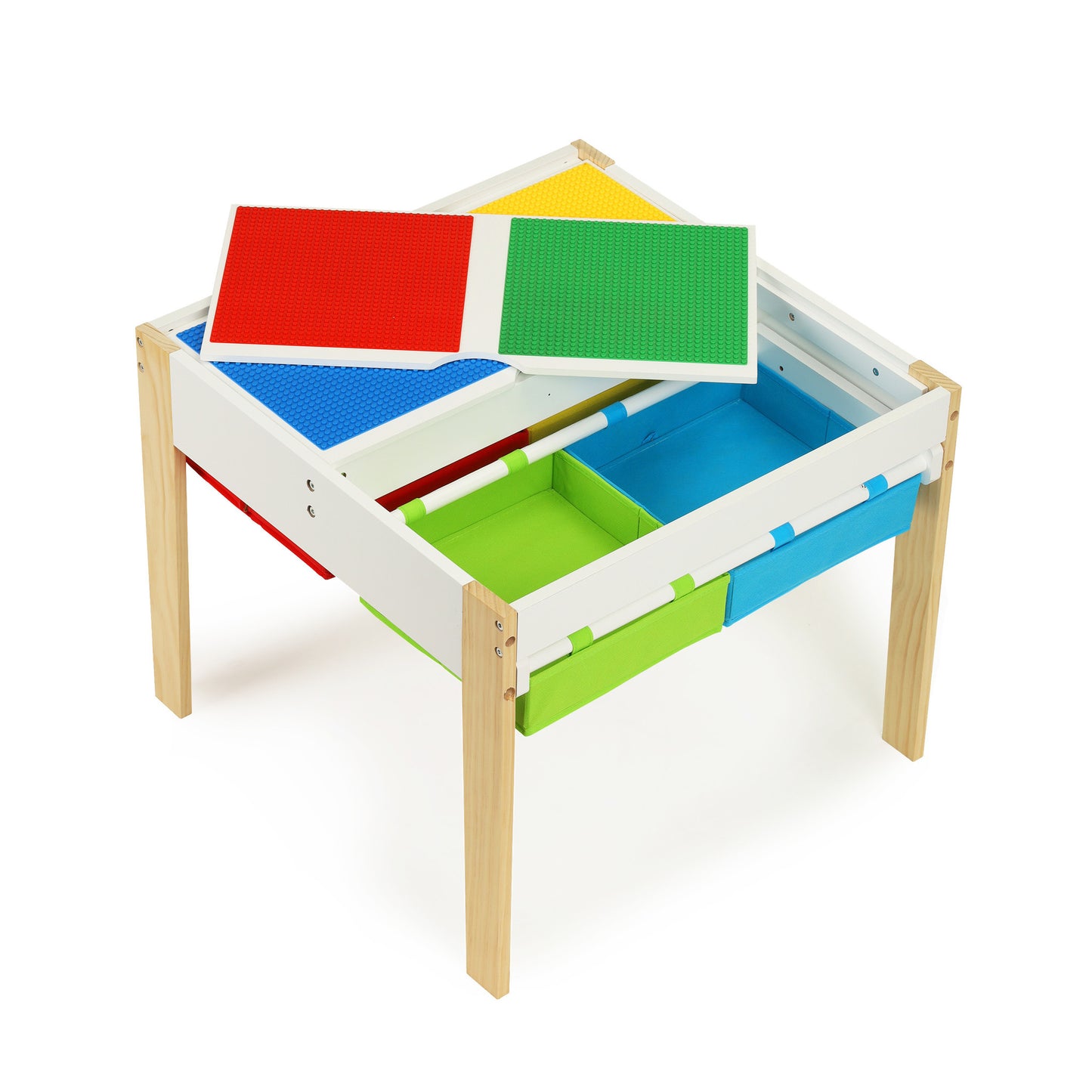 KINDERTAFEL EN STOELTJES - afneembaar tafelblad met bouwplaten - hout/wit/rood/geel/groen/blauw