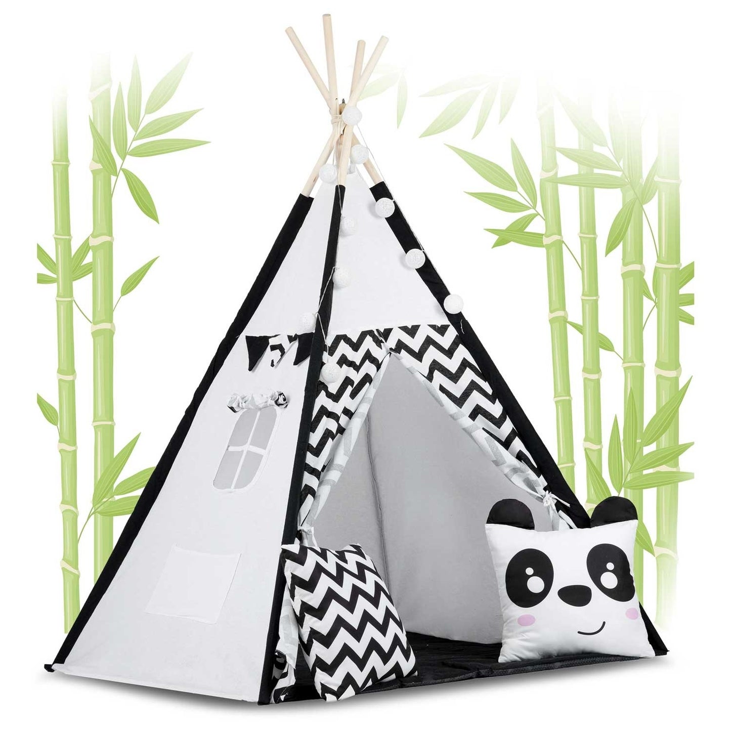 TIPI TENT - Natuurlijk Katoen met Kussens en Lampen - Wit/Zwart