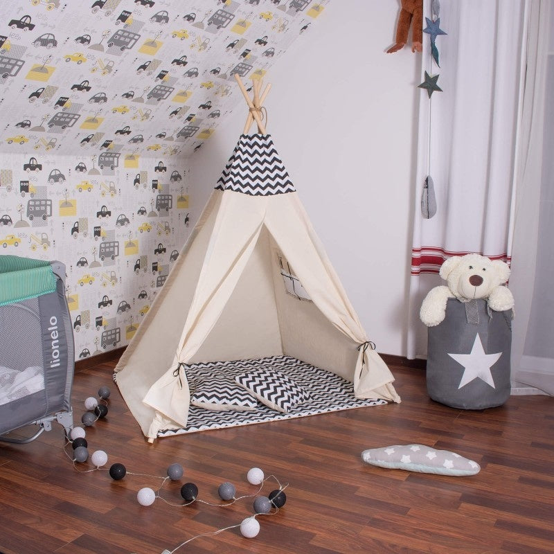TIPI speeltent - katoen met zigzag patroon - beige/zwart 160cm
