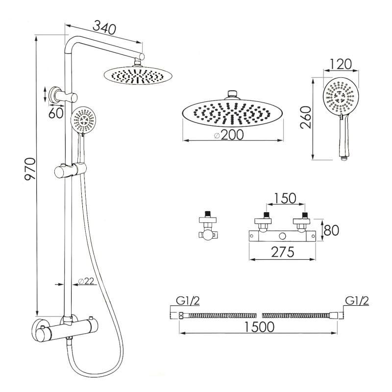 Doucheset - Thermostaatkraan met Regendouche 20cm en Handdouche - Zwart