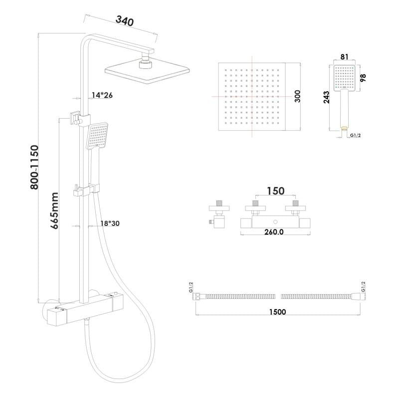REGENDOUCHESET - Thermostaatkraan met ANTI-CALC en ANTI-TWIST - Mat Zwart