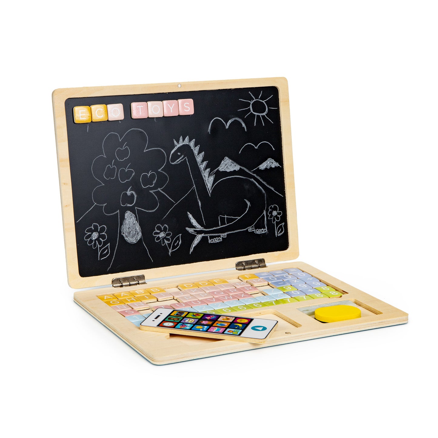 Houten speelgoed laptop - 2-in-1 krijtbord en magneetbord - 30x22 cm