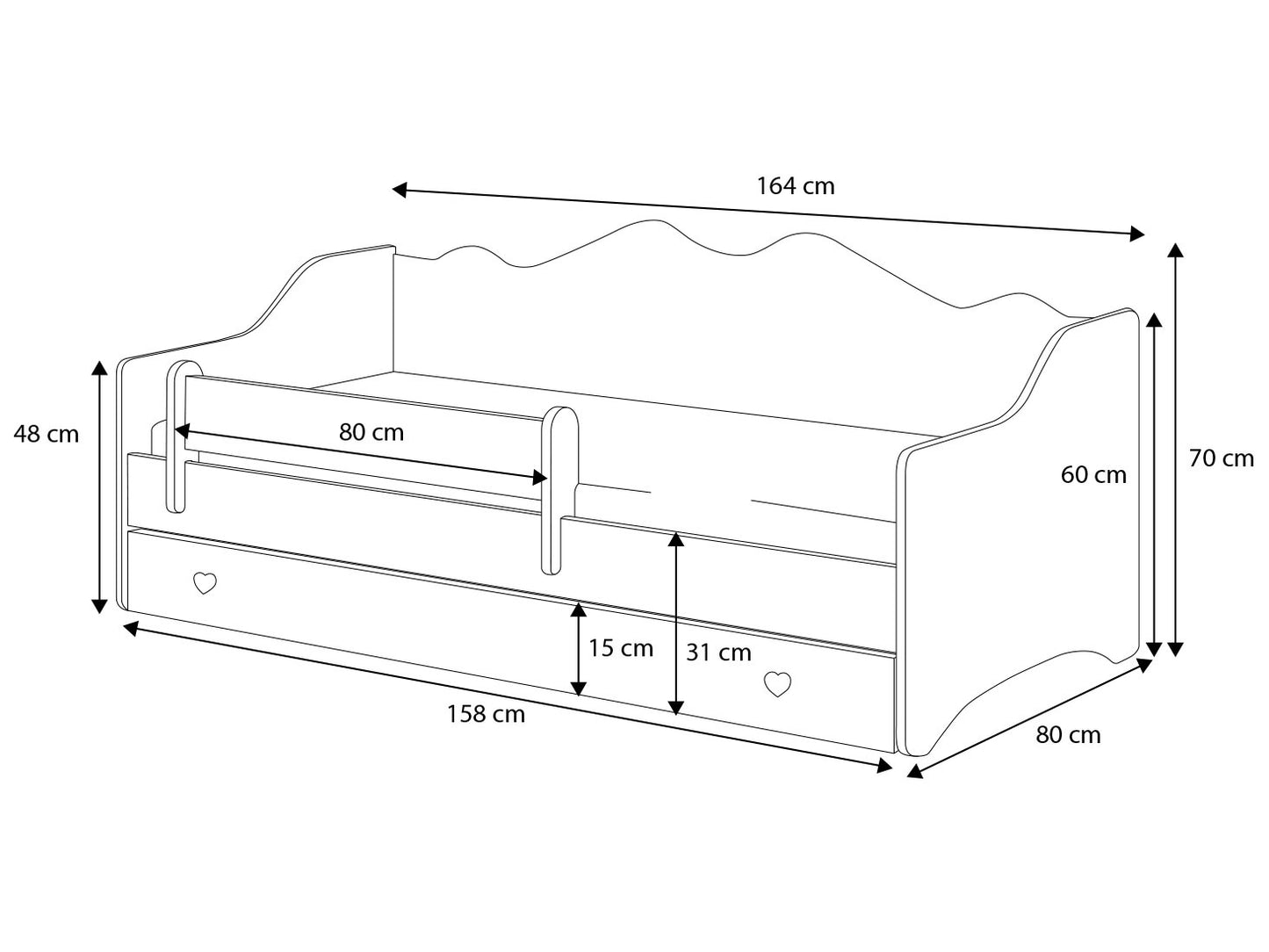 kinderbed - bedbank met opberglades en veiligheidsbarrière - wit/grijs - 160x80 cm