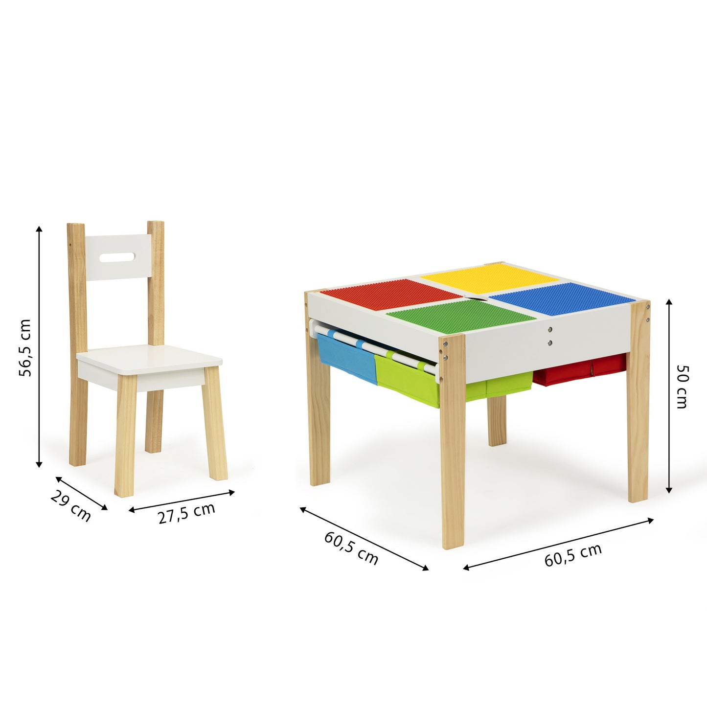 KINDERTAFEL EN STOELTJES - afneembaar tafelblad met bouwplaten - hout/wit/rood/geel/groen/blauw