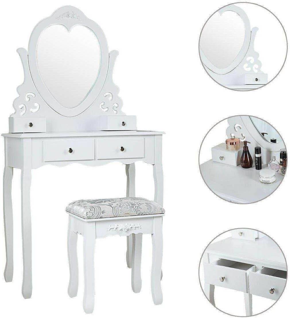 Kaptafel - Hartvormige Spiegel - 4 Lades - Wit