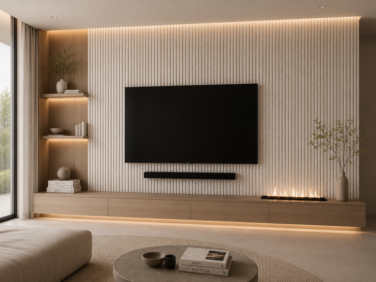 Wit natuursteen wandpaneel als accentwand in woonkamer