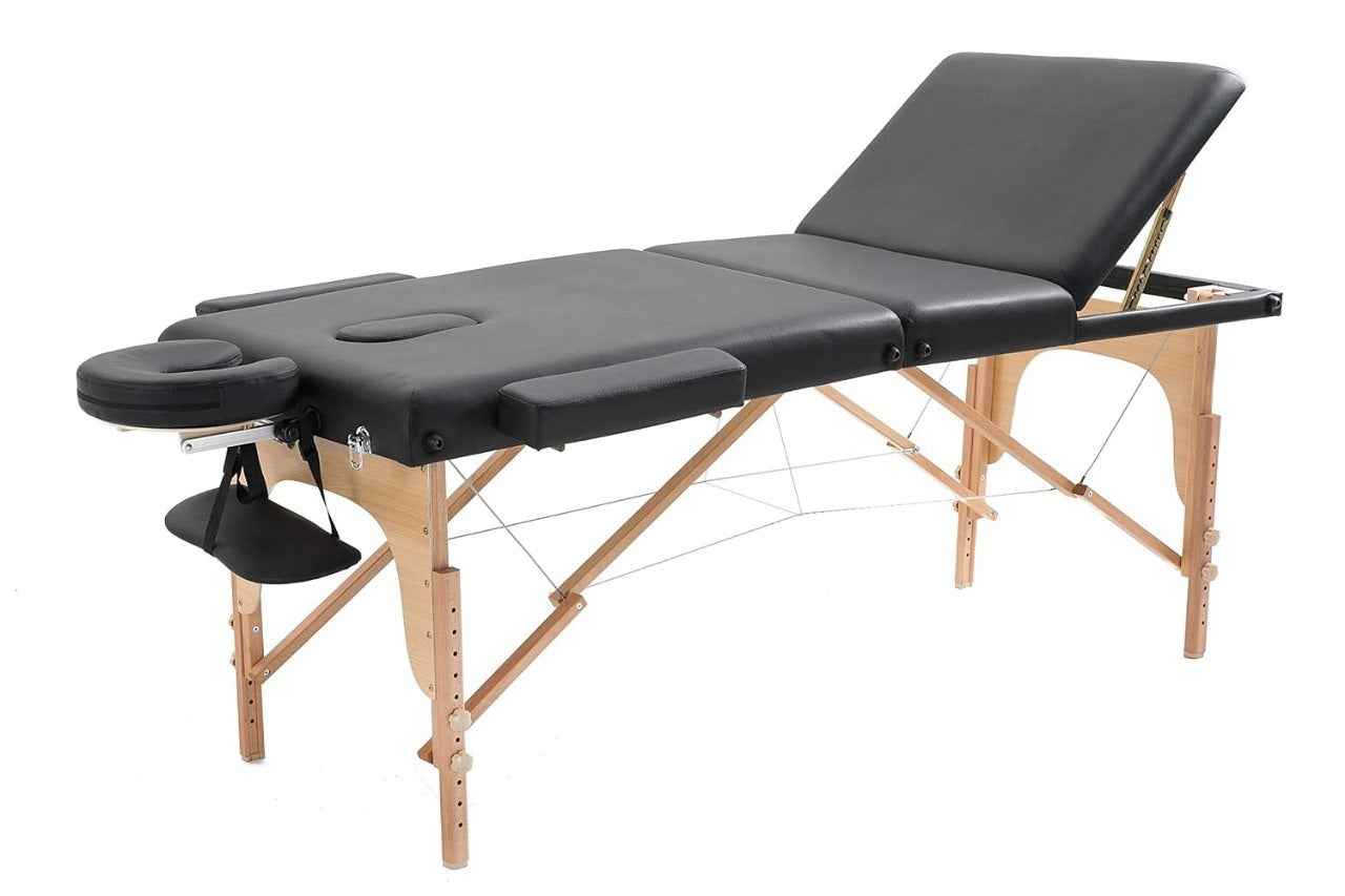 MASSAGETAFEL - 3 Secties, Verstelbare Hoofdsteun, Opvouwbaar - Zwart 185x70 cm