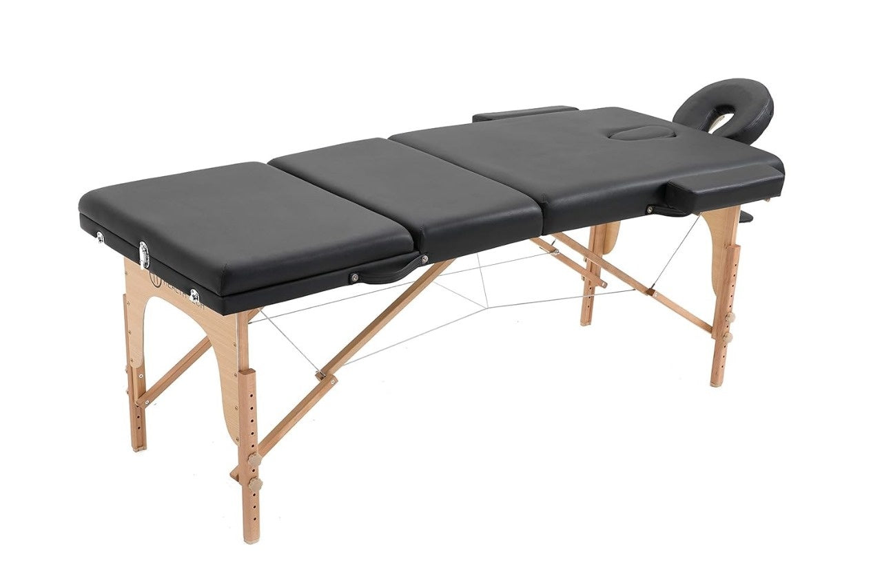 MASSAGETAFEL - 3 Secties, Verstelbare Hoofdsteun, Opvouwbaar - Zwart 185x70 cm