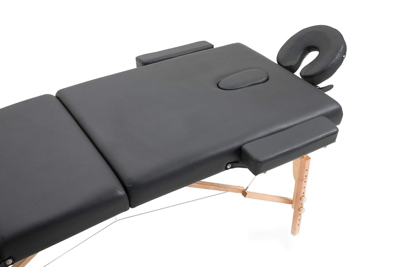MASSAGETAFEL - 3 Secties, Verstelbare Hoofdsteun, Opvouwbaar - Zwart 185x70 cm