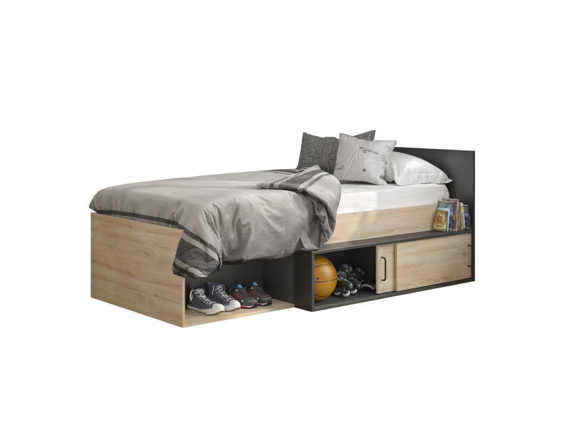 BED - Spaanplaat met opberglade - Kronberg Eiken/Zwart - 90x200 cm