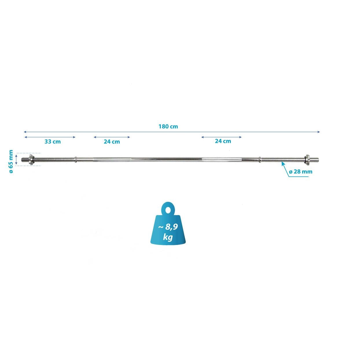 Halterstang - gehard chroomstaal - 180 cm