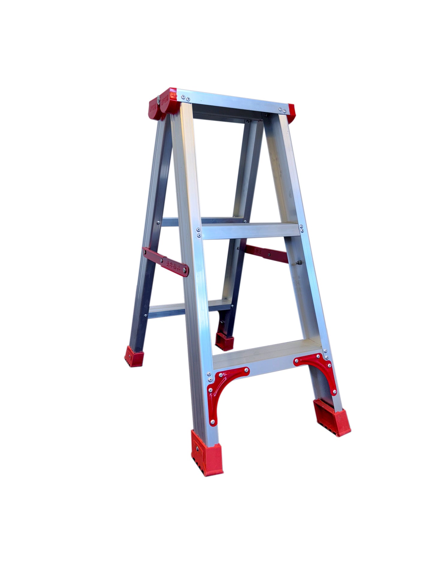 HUISHOUDTRAP - aluminium - 2x3 treden - zilver/rood