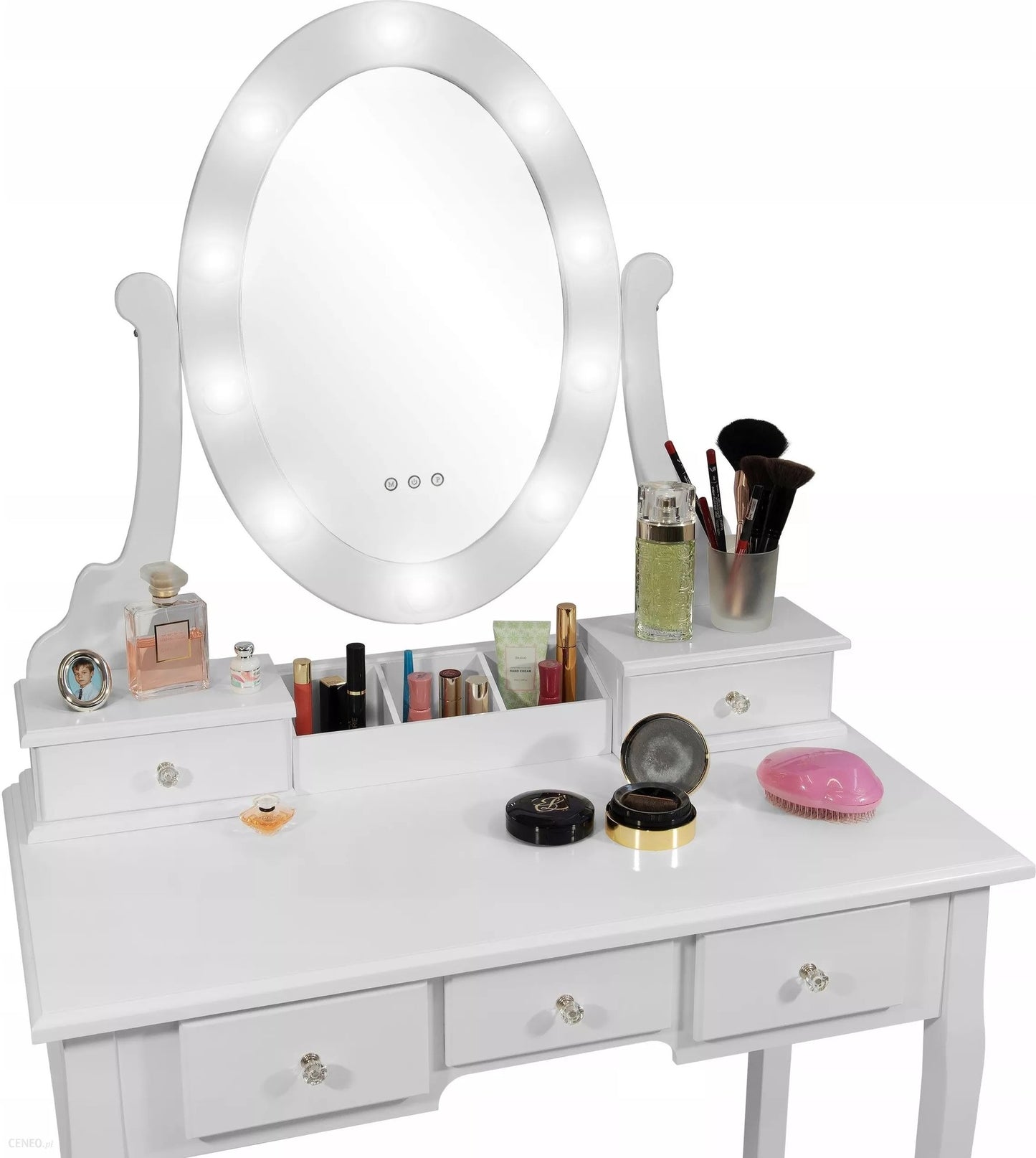 Kaptafel - LED-verlichte spiegel, 5 lades, inclusief kruk - Wit 80x40x137 cm