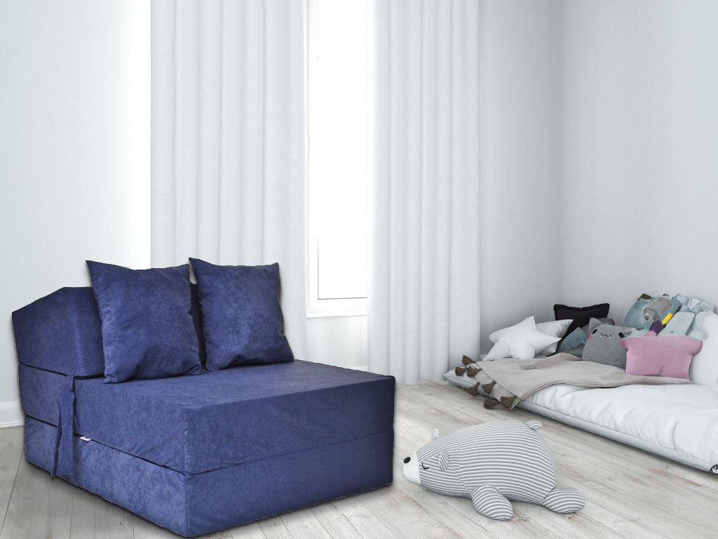 LOGEERMATRAS - opvouwbaar, velours, met kussens - blauw - 200x70x15 cm