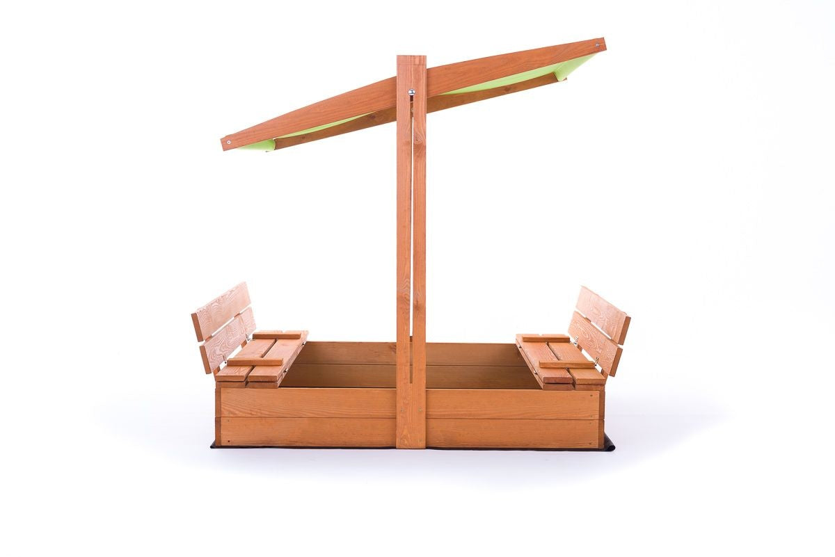 ZANDBAK - dennenhout met verstelbaar dak en bankjes - groen/120x120 cm