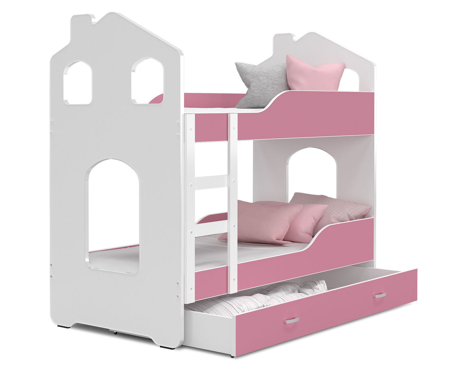 Stapelbed - huisvorm met ladder en matrassen - roze 160x80 cm