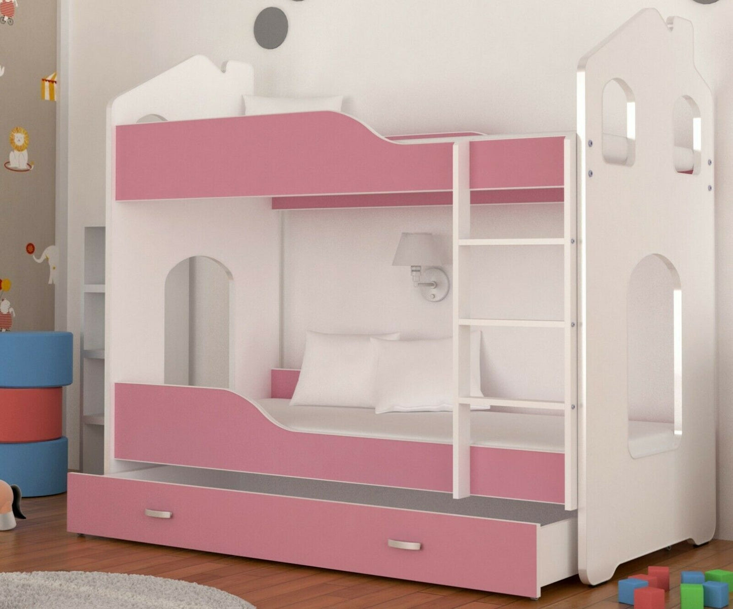 Stapelbed - huisvorm met ladder en matrassen - roze 160x80 cm