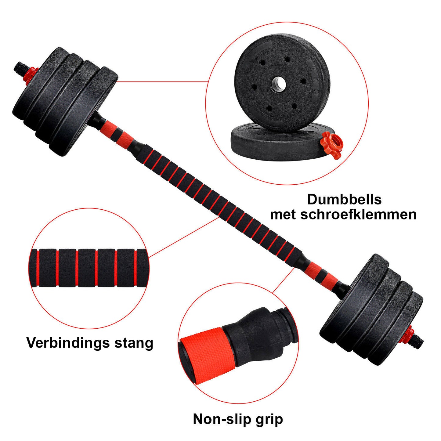 Halterset - Verstelbaar 30 kg - Zwart/Rood
