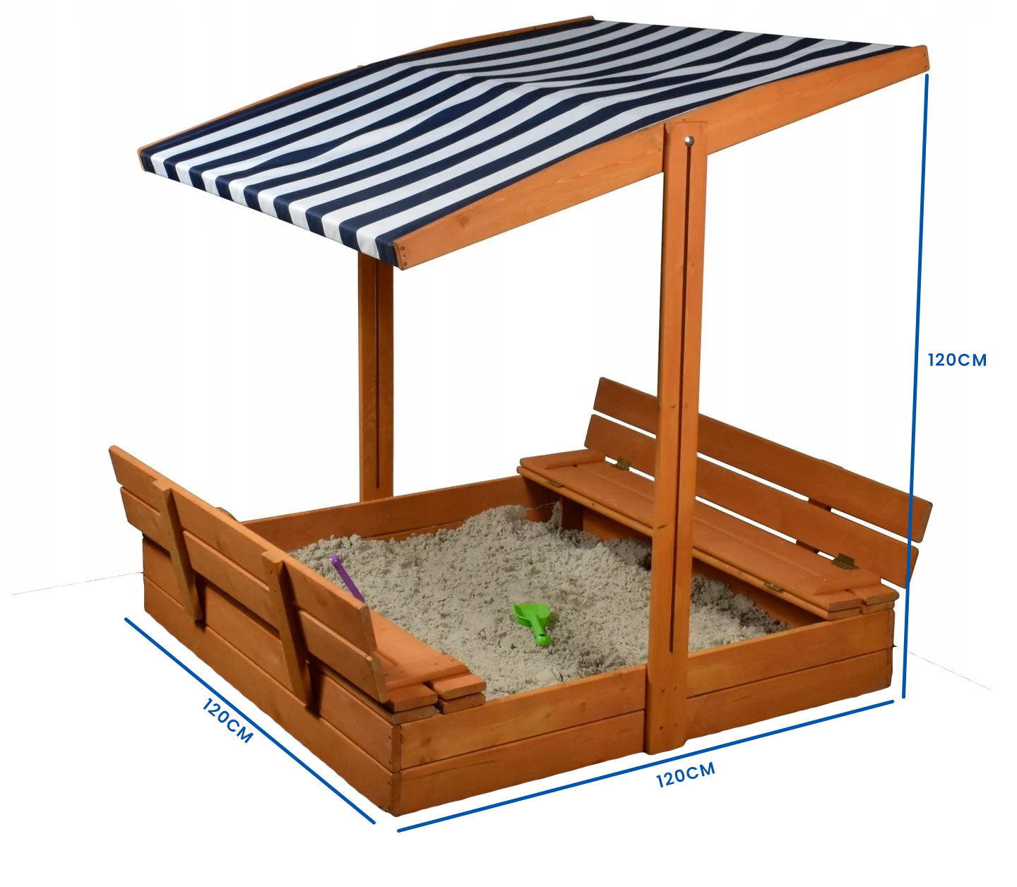 Zandbak - geïmpregneerd naaldhout met luifel en bankjes - 120x120x120 cm - hout/blauw/wit