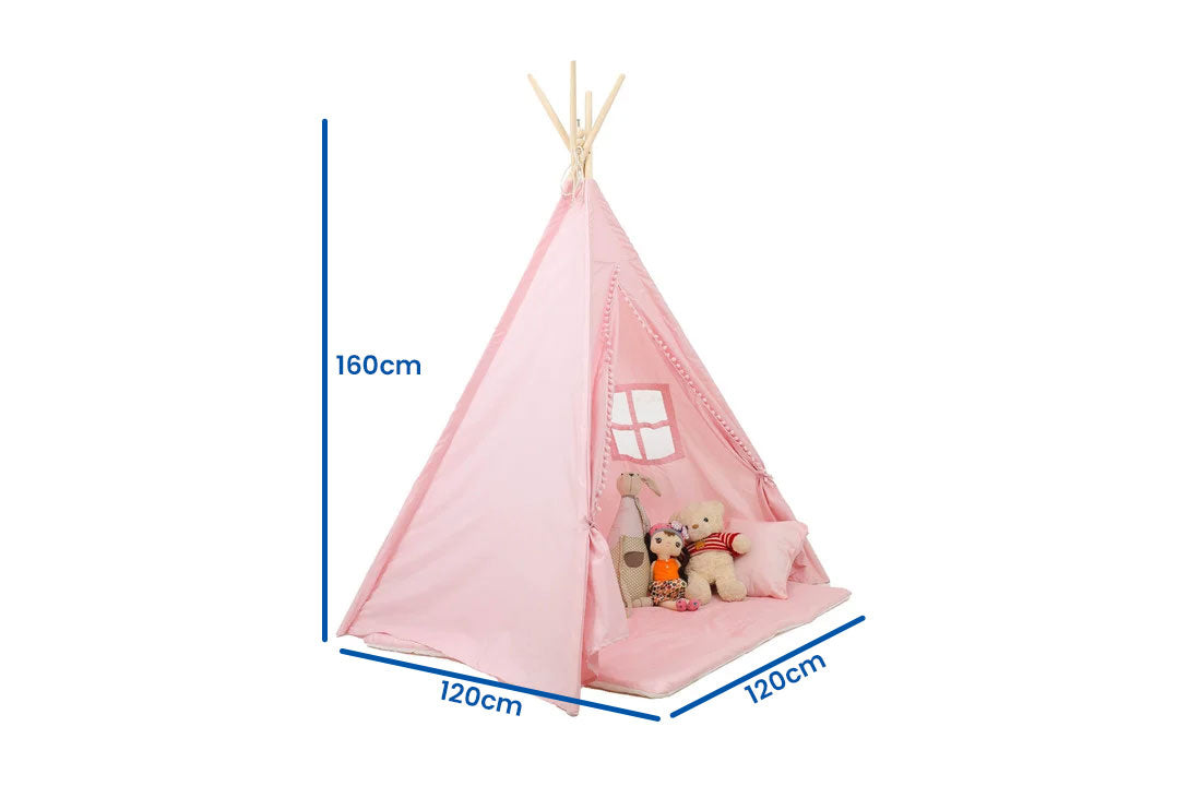 Tipi tent - katoen 175g/m2 met vloermat en kussens - roze 120x120x160 cm