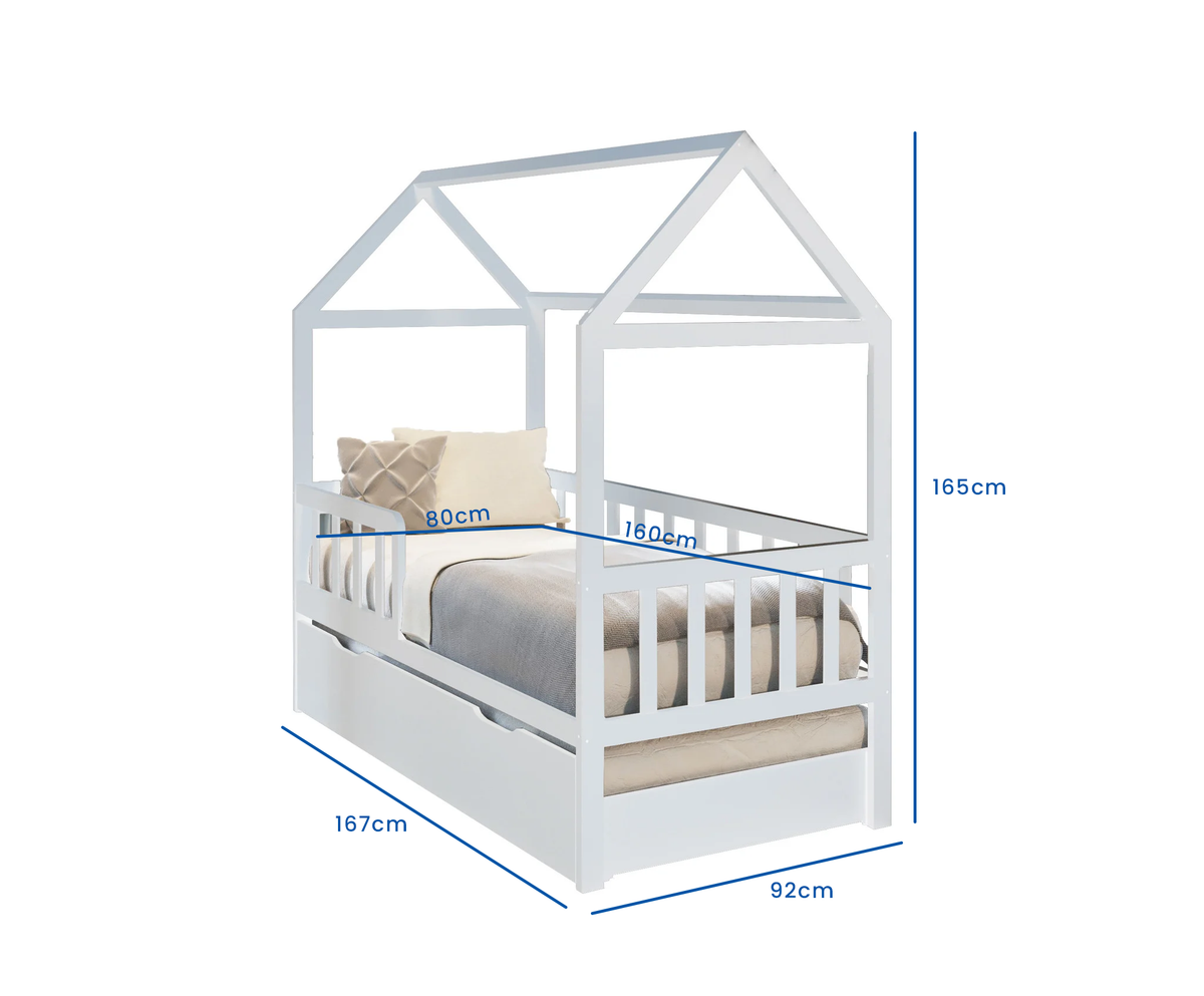 HUISBED - ecologisch vurenhout - met logeerbed en bedlade - wit - 160x80 cm