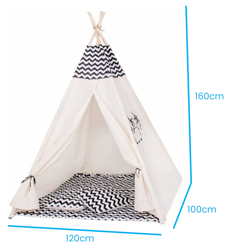 TIPI TENT - 100% katoen - grenenhout - beige/zwart - H160xB120xD100 cm