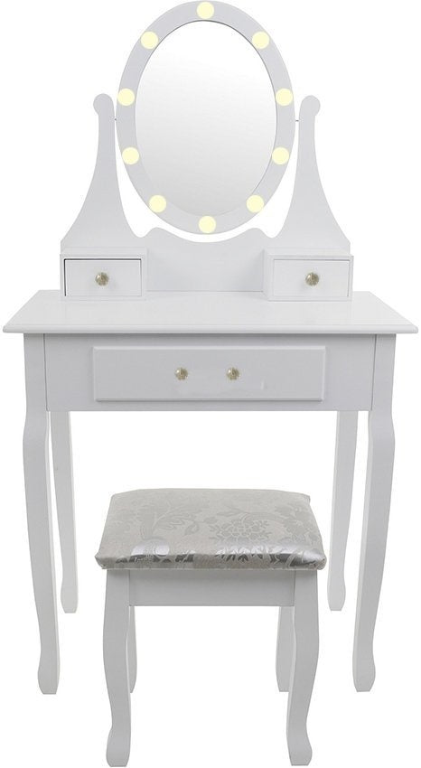 KAPTAFEL - LED-verlichte spiegel met 3 lades en kruk - Wit