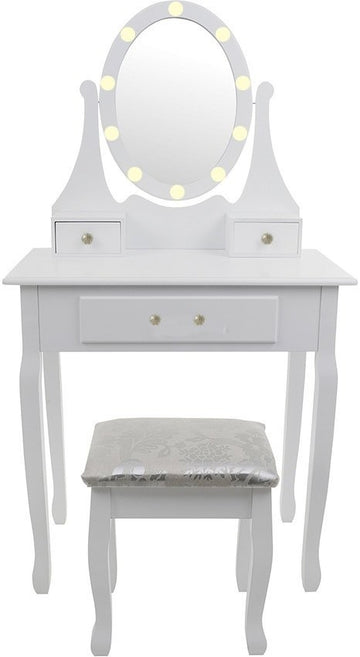 KAPTAFEL - LED-verlichte spiegel met 3 lades en kruk - Wit