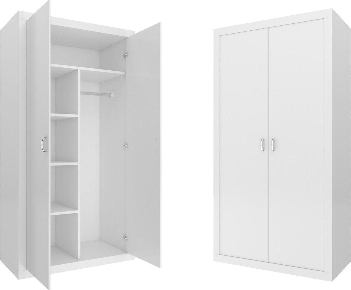 KINDER-KLEDINGKAST - 5 schappen, 2 deuren, RVS-roede - Wit - 90x50x190 cm
