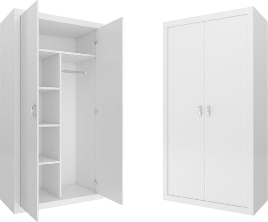 KINDER-KLEDINGKAST - 5 schappen, 2 deuren, RVS-roede - Wit - 90x50x190 cm