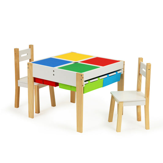 KINDERTAFEL EN STOELTJES - afneembaar tafelblad met bouwplaten - hout/wit/rood/geel/groen/blauw