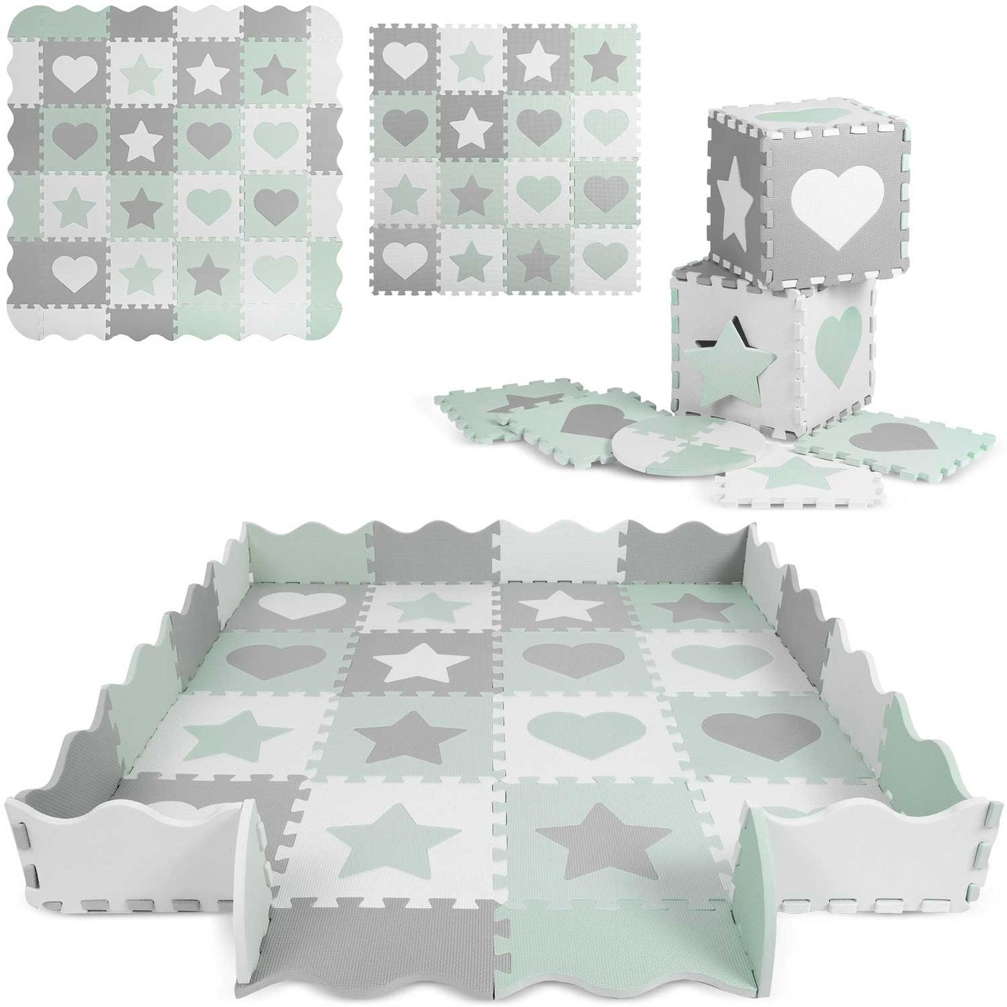 Speelmat - Extra Dikke EVA Foam - 151x151 cm - Wit/Grijs/Mint