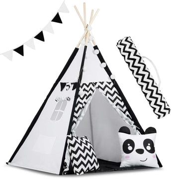 TIPI TENT - Natuurlijk Katoen met Kussens en Lampen - Wit/Zwart