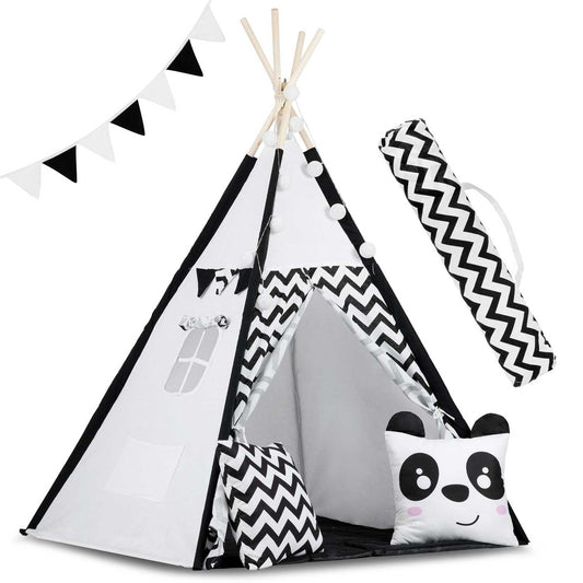 TIPI TENT - Natuurlijk Katoen met Kussens en Lampen - Wit/Zwart