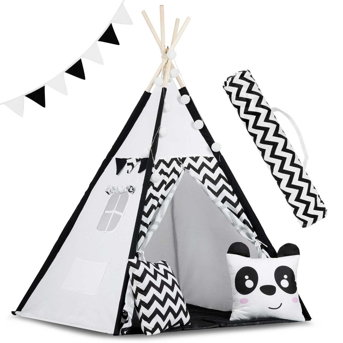 TIPI TENT - Natuurlijk Katoen met Kussens en Lampen - Wit/Zwart