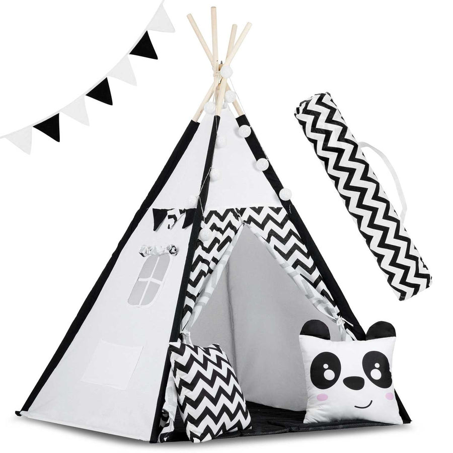 TIPI TENT - Natuurlijk Katoen met Kussens en Lampen - Wit/Zwart