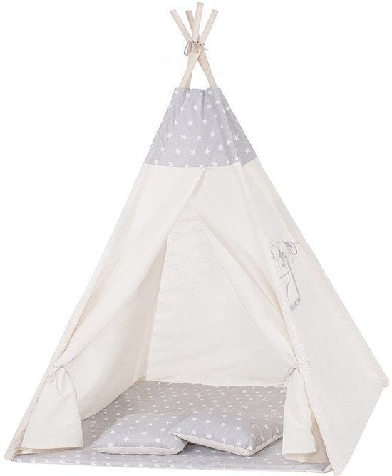 TIPI TENT - 100% Katoen - Inclusief Kussenhoezen - Beige/Grijs - H160xB120xD100 cm
