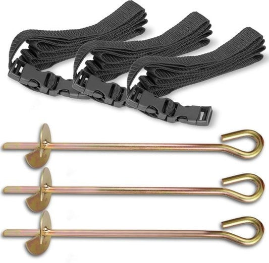 TRAMPOLINE ANKER-SET - 3 verzinkte ankers 30 cm - 3 nylon riemen 2 m