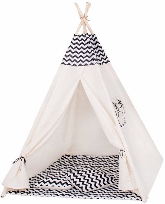 TIPI TENT - 100% katoen - grenenhout - beige/zwart - H160xB120xD100 cm
