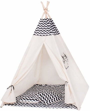 TIPI TENT - 100% katoen - grenenhout - beige/zwart - H160xB120xD100 cm