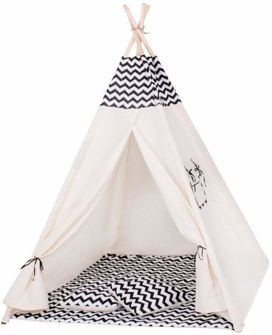 TIPI TENT - 100% katoen - grenenhout - beige/zwart - H160xB120xD100 cm